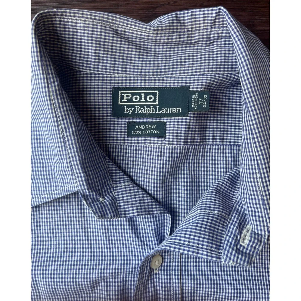 Polo Ralph Lauren Andrew Shirt Mens 17 34/35 Blue Gingham Cotton Button Down